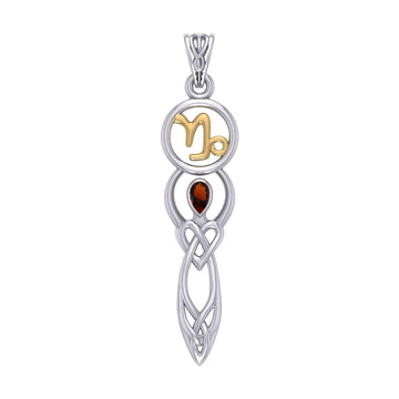Celtic Goddess Capricorn Astrology Zodiac Sign Silver and Gold Accents Pendant with Garnet MPD5932 - Jewelry